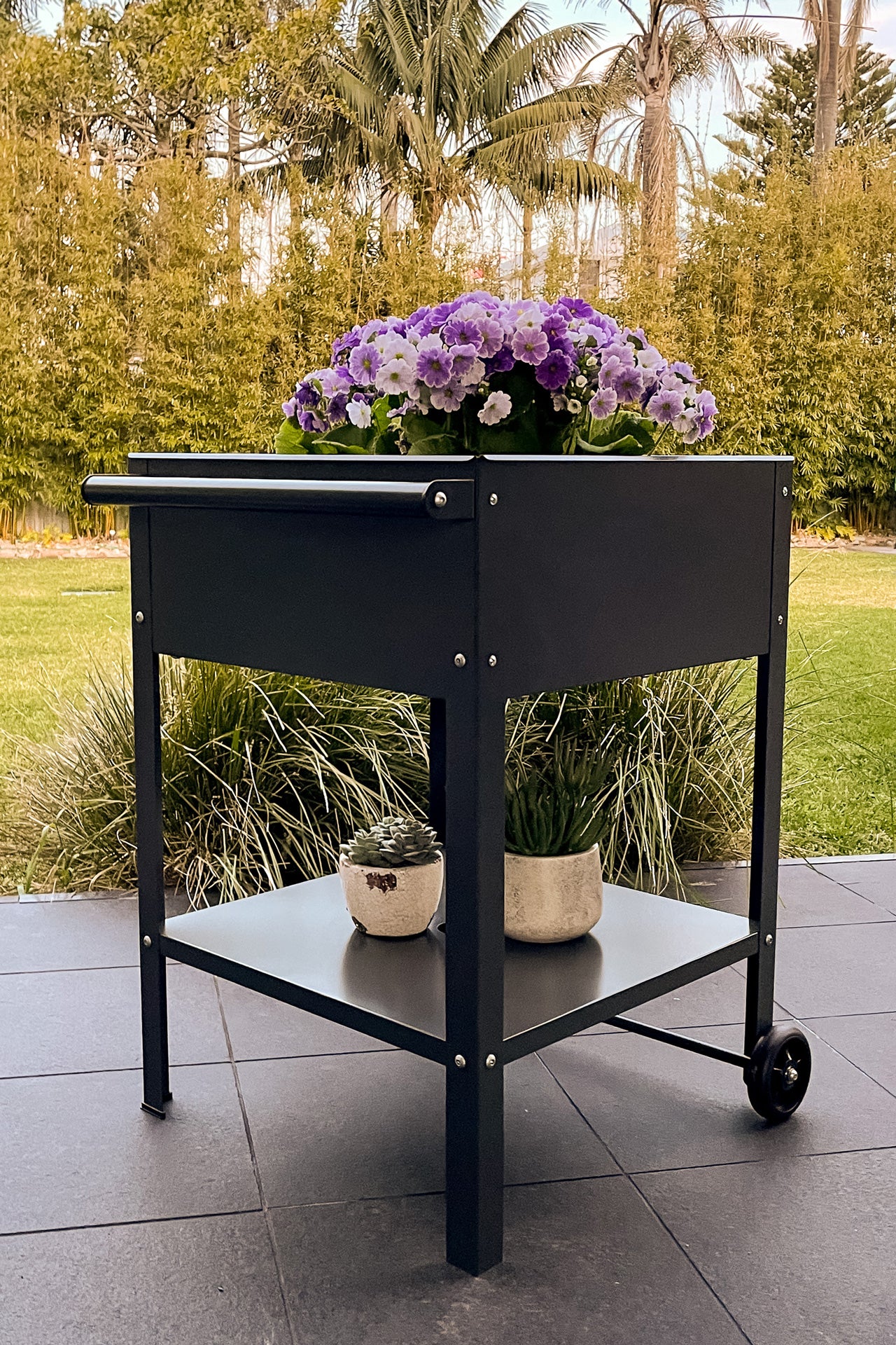 Greenlife Sturdy Mobile Raised Garden Planter Trolley - 550 x 550 x 800mm - Charcoal - Image 5