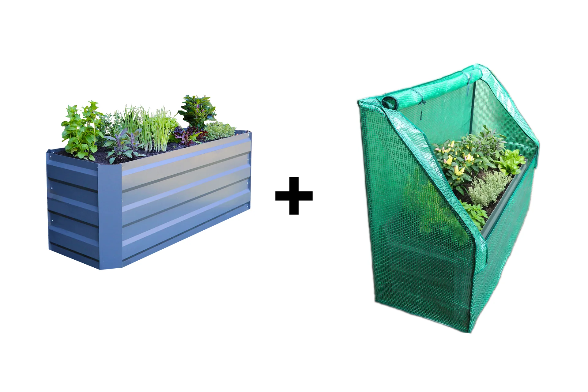 Greenlife Slimline Garden Bed Slate Grey + Drop Over PE Greenhouse 1250 x 500 x 990