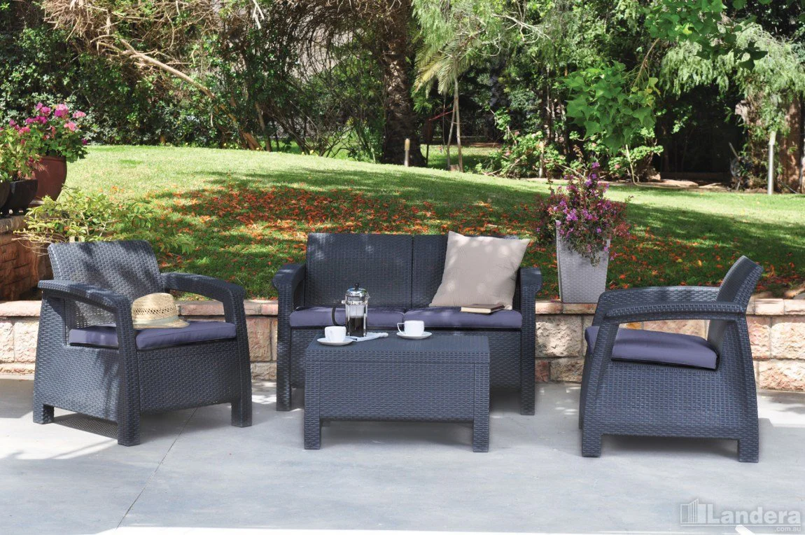 Keter Corfu 2 Seater Rattan Sofa with Cushions - Graphite - Image 2