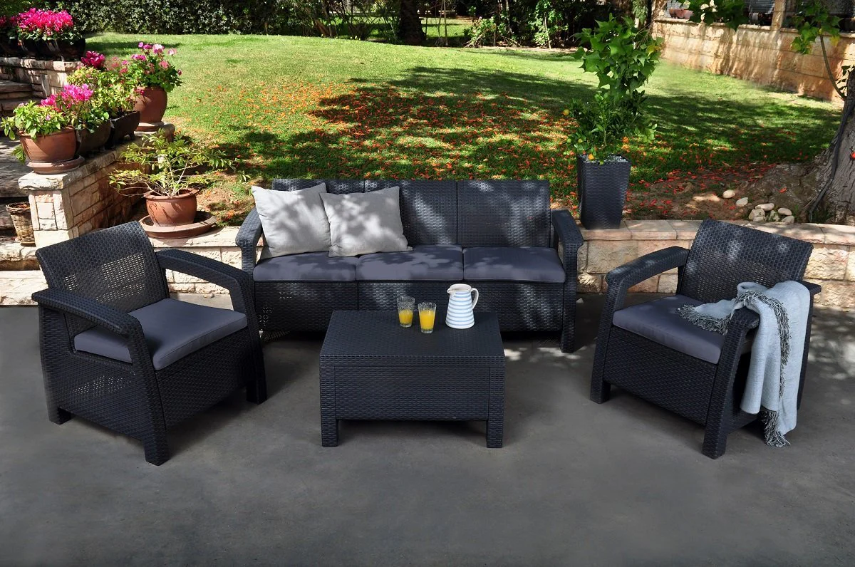 Keter Corfu 5 Seater Rattan Lounge Set with Cushions - Graphite - Image 2