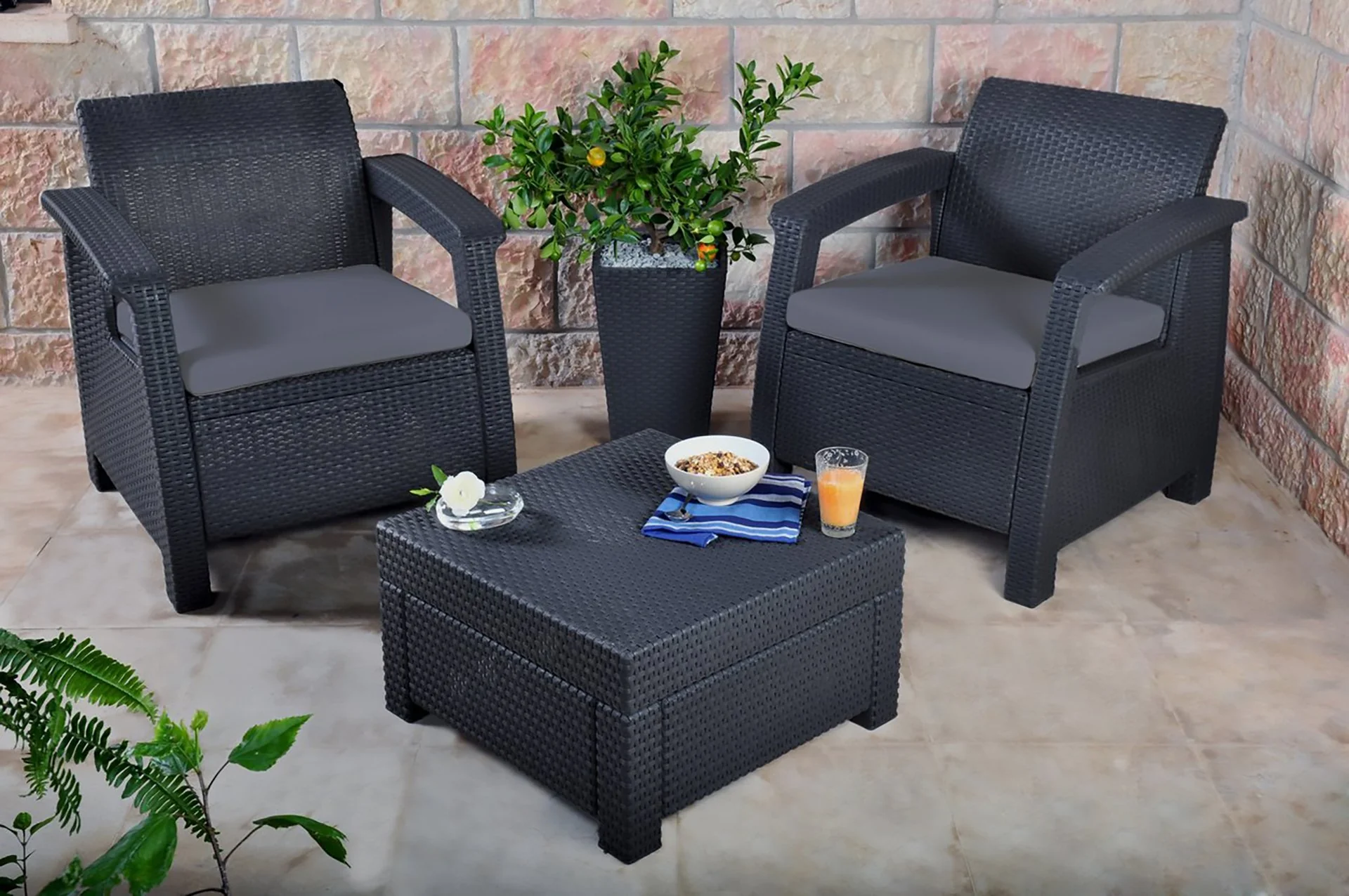 Keter Corfu Rattan Balcony Set with Cushions - Graphite - Image 2