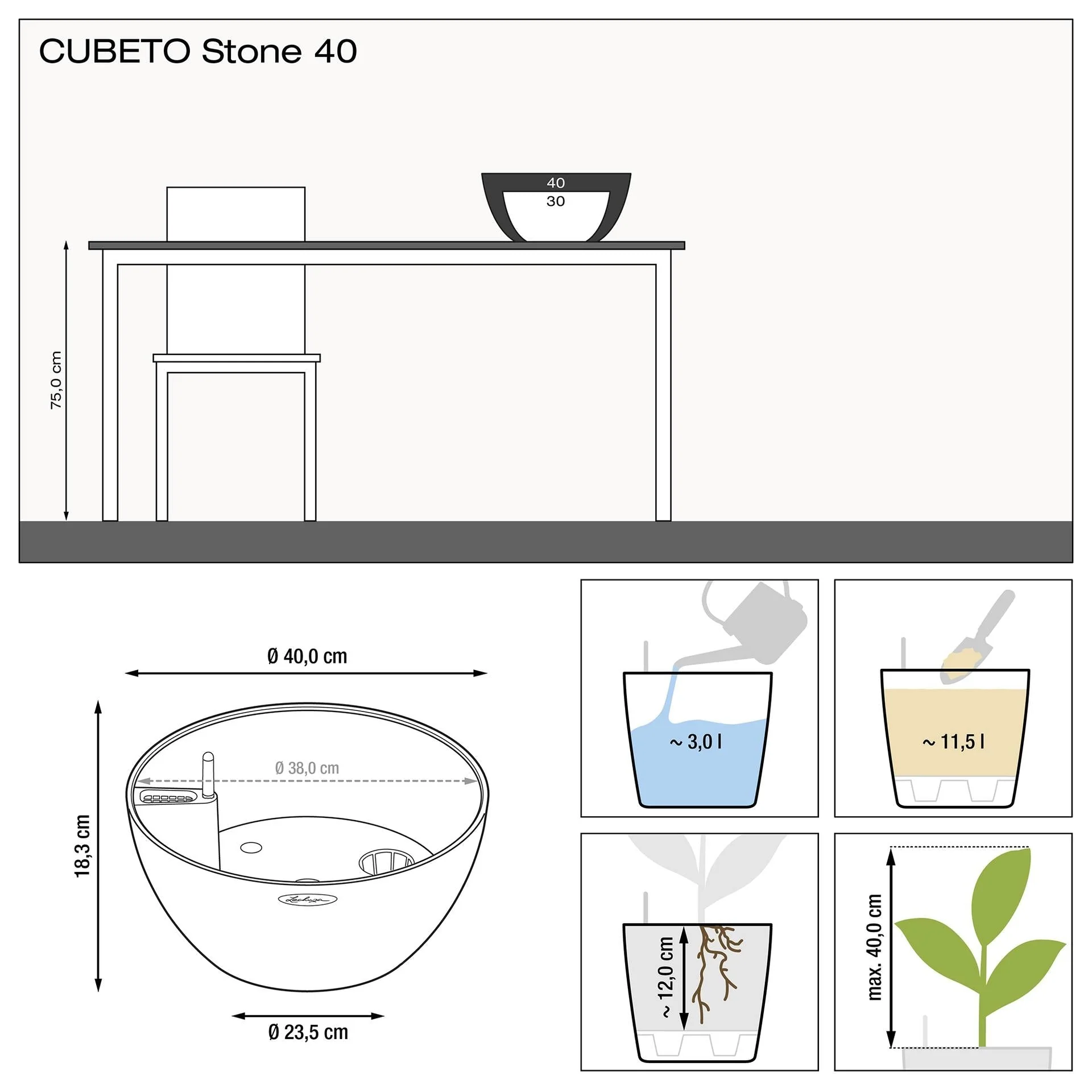 Lechuza Self Watering Pot - CUBETO Stone 40 Bowl - Image 9