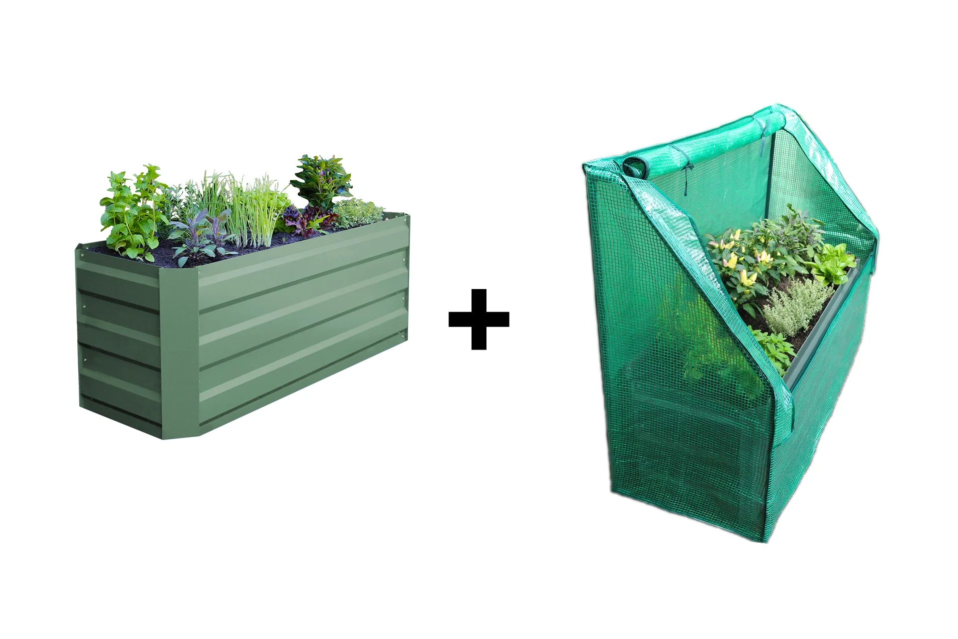 Greenlife Slimline Garden Bed Eucalypt Green + Drop Over PE Greenhouse 1250 x 500 x 990