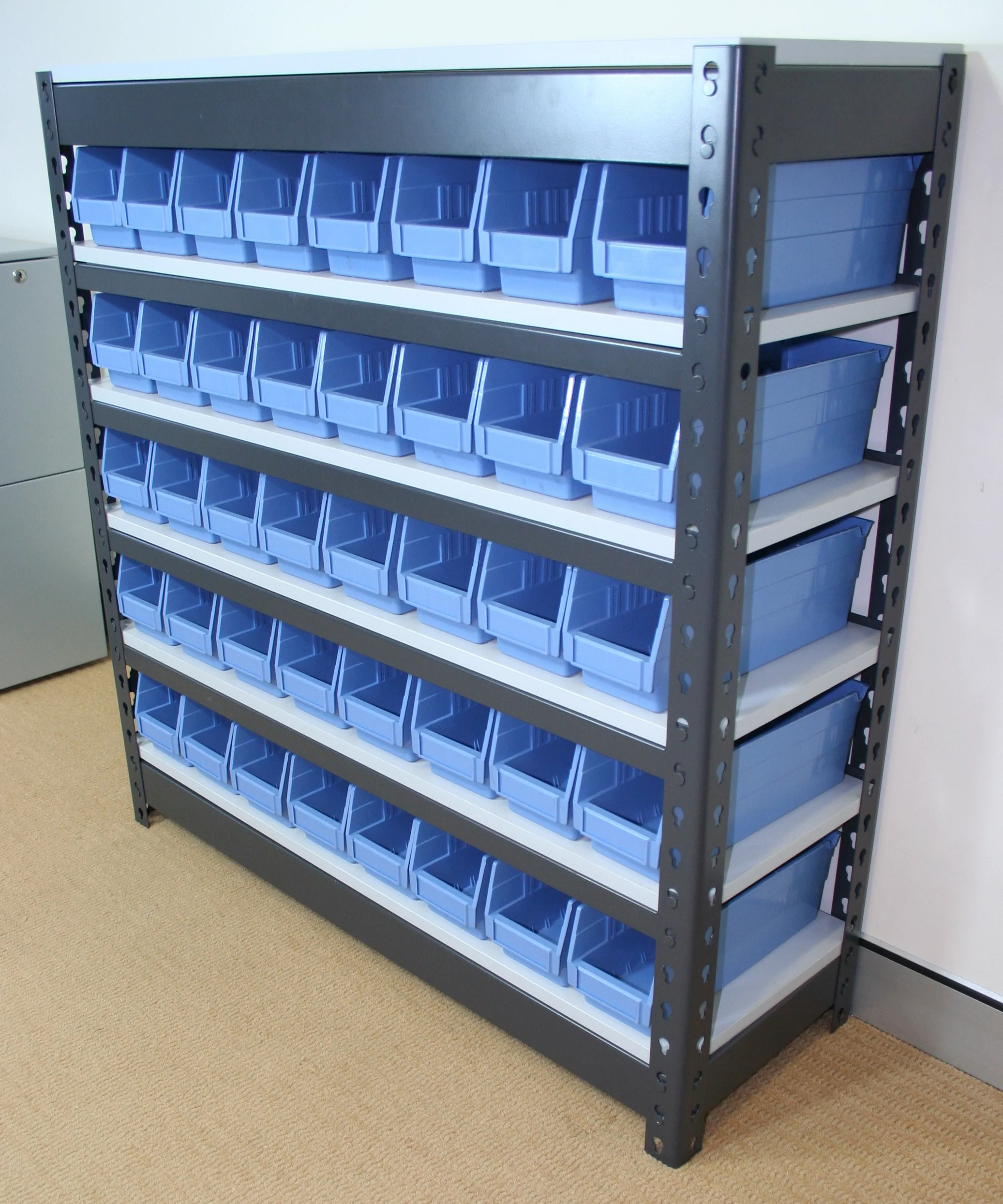 Summit Rivet Bin Shelving Units with Plastic Storage Bins - 40 Bins - Image 3