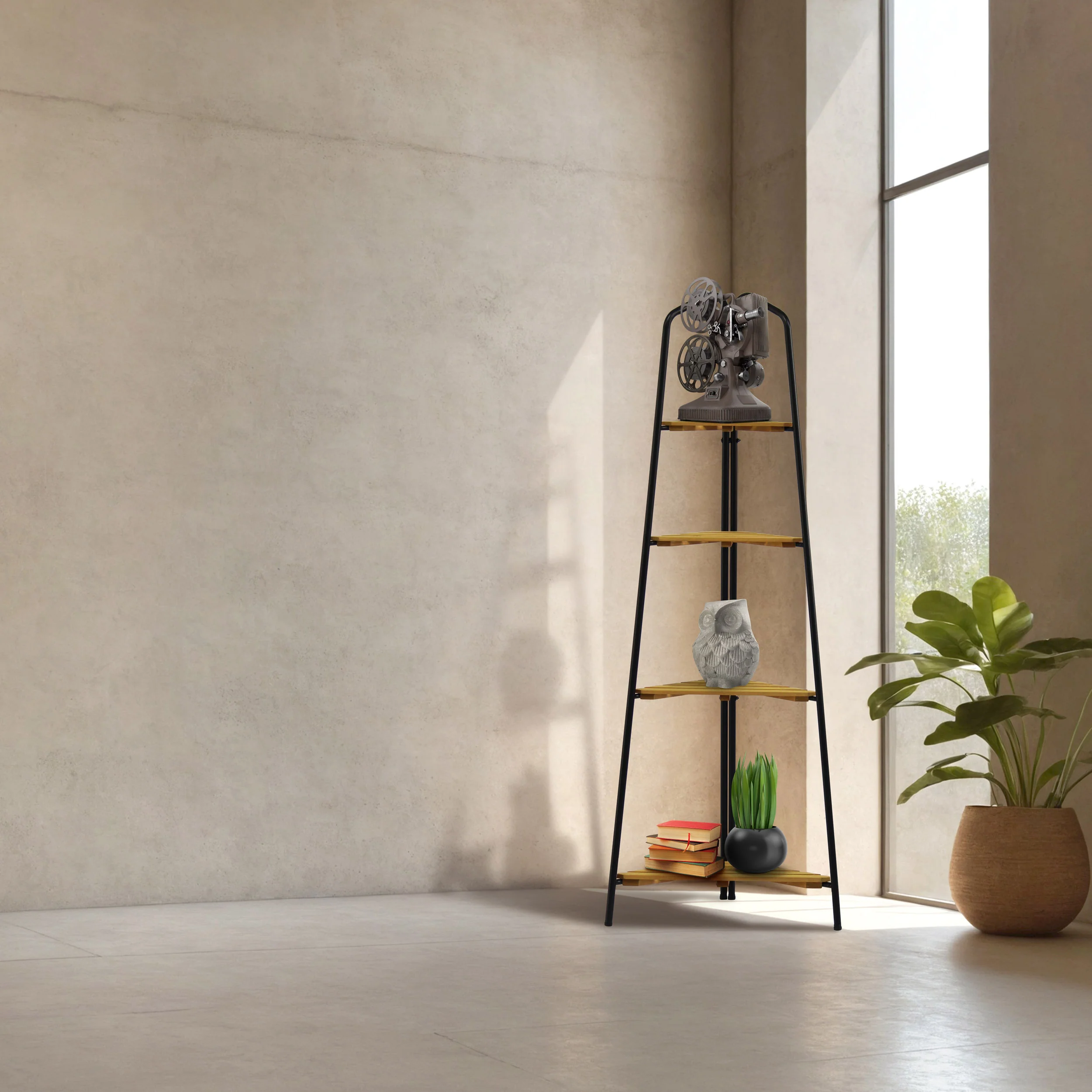 Takasho Moderno Corner Plant Stand 4 Shelf - Black/Natural Timber - Image 5