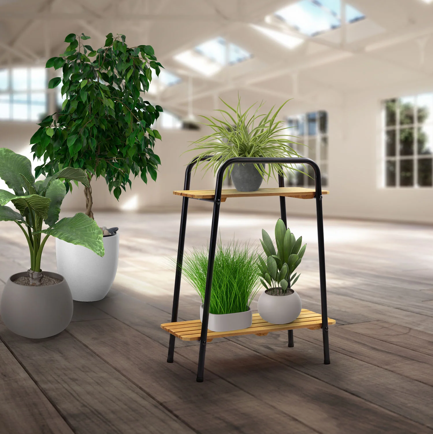Takasho Moderno Plant Stand 2 Shelf - Black/Natural Timber - Image 4