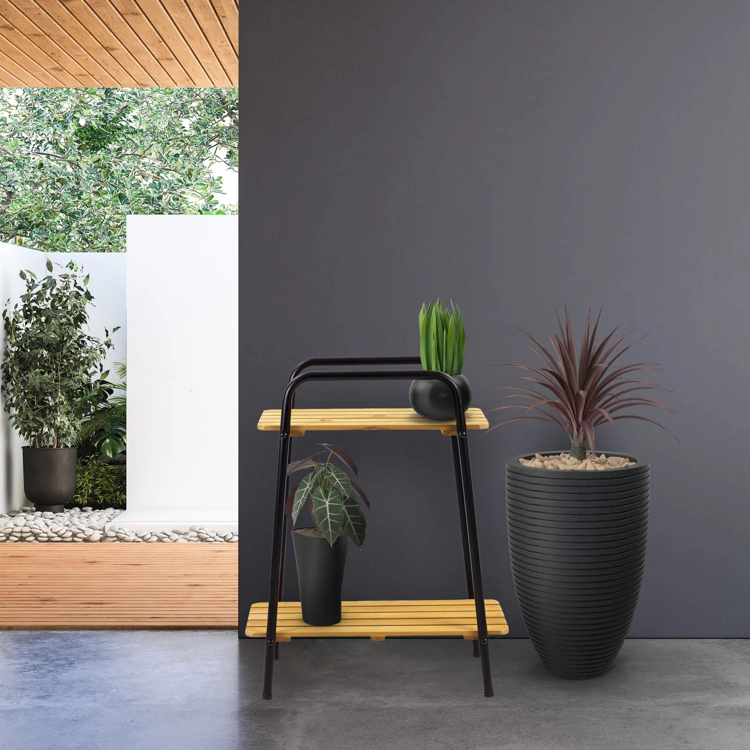 Takasho Moderno Plant Stand 2 Shelf - Black/Natural Timber - Image 5