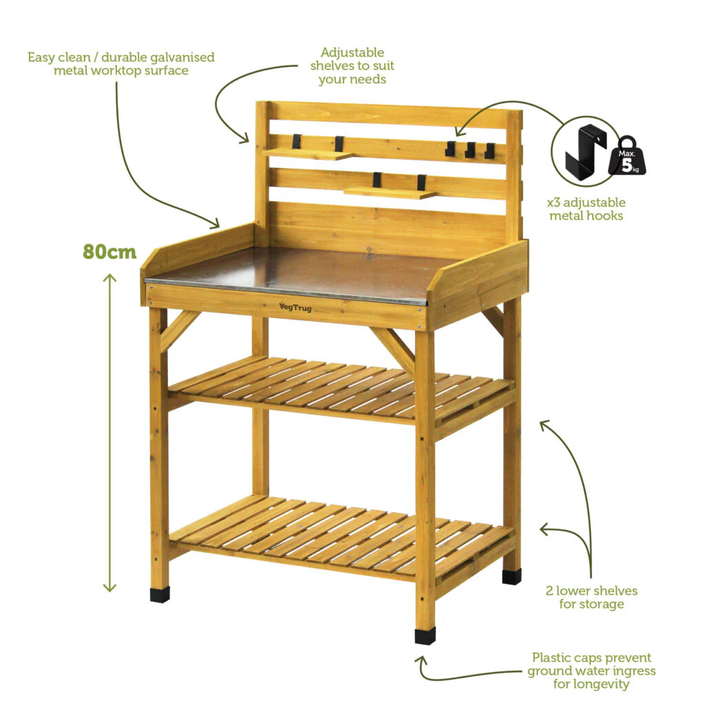 VegTrug Wooden Raised Potting Bench with Hooks - Natural - Image 4